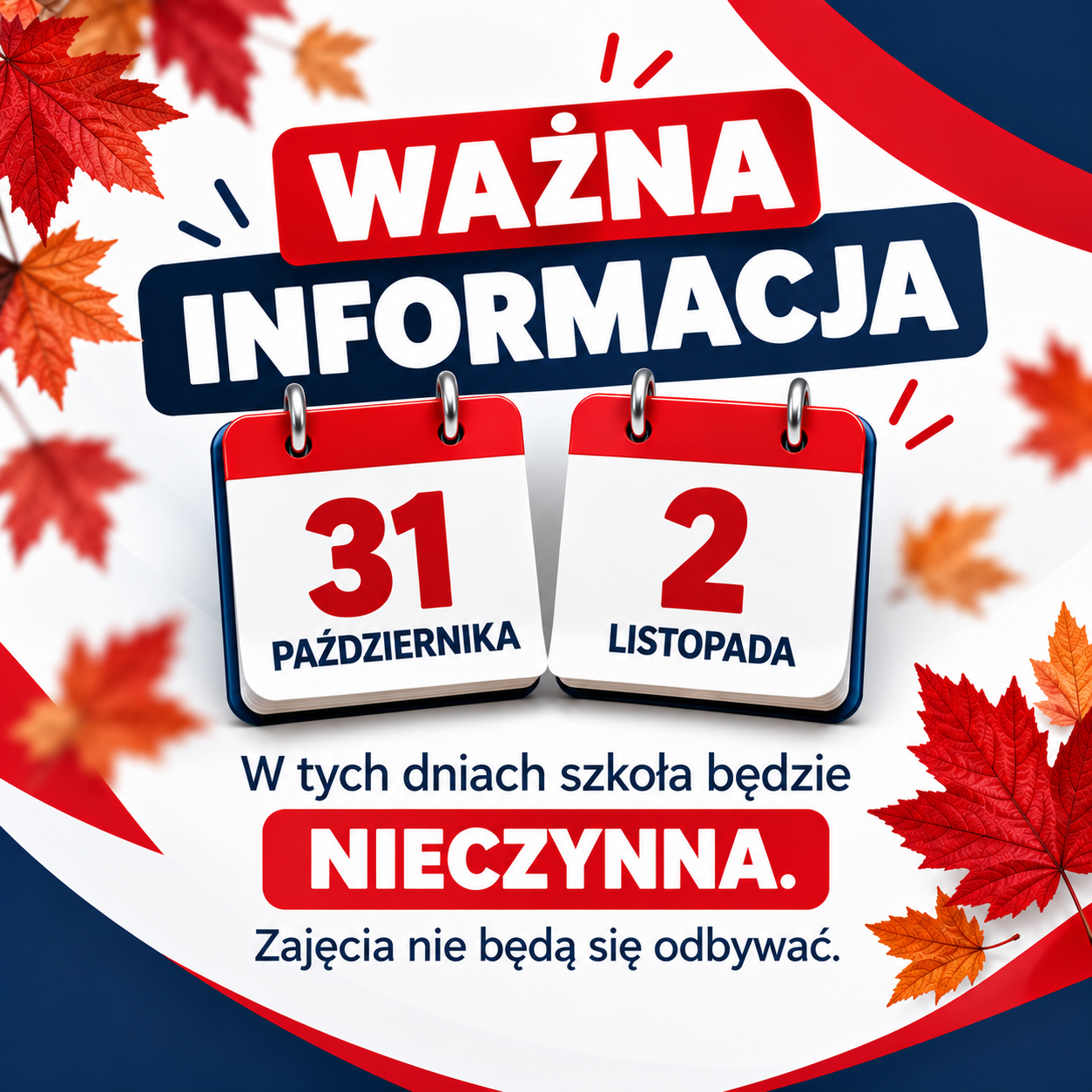 31.10 i 02.11 szkoła będzie nieczynna